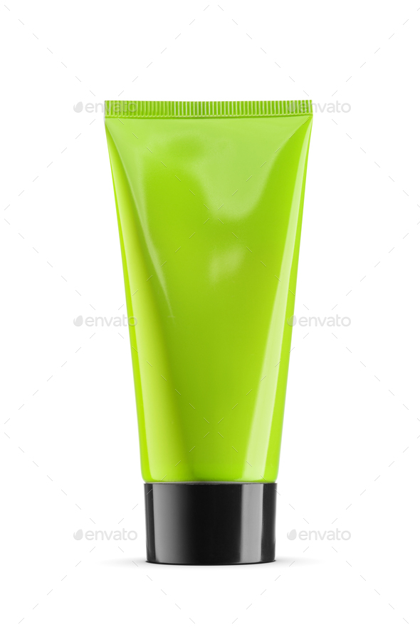 Green plastic cosmetic tube isolated on white background - Stock Photo - Images