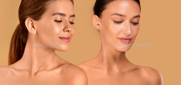 Beautiful young women posing naked on beige, panorama, copy space Stock