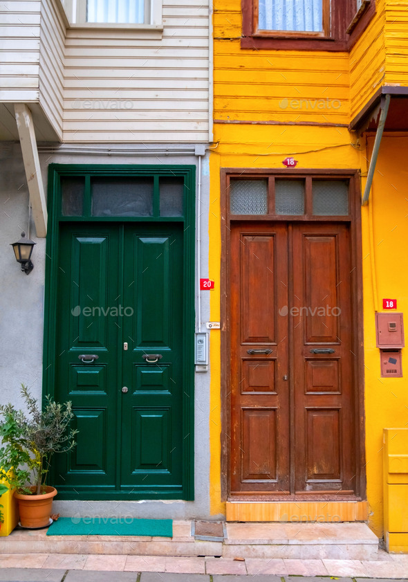 Wooden doors of historical old colorful houses in Kuzguncuk, Istanbul. - Stock Photo - Images