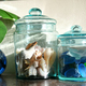 Collection of seashells shells and sea glass in teal glass jars canisters.  - PhotoDune Item for Sale