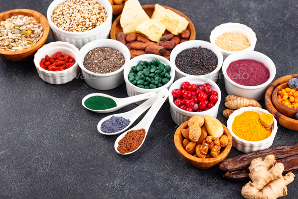 Various superfoods and healthy food supplement. - Stock Photo - Images