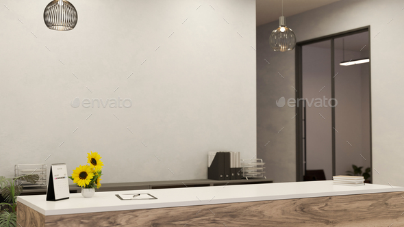 Interior design of a modern company reception or front desk area with counter. clinic registration