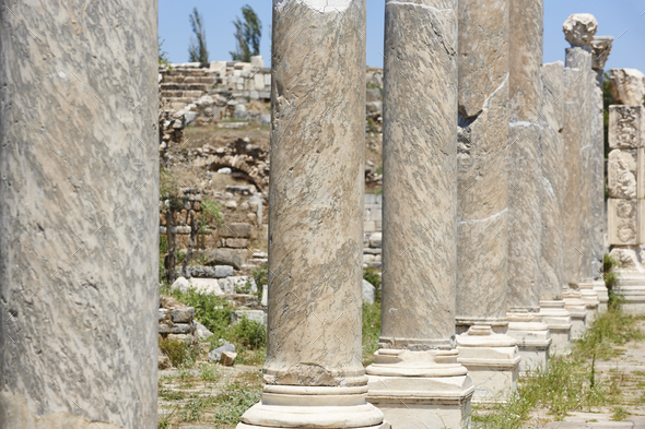 Archeological landmark of Aphrodisias. Amphitheatre columns. Hellenistic roman art. Turkey - Stock Photo - Images