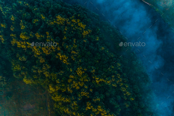 Aerial  view of a beautiful summer  landscape with a fog while dawn.   foggy landscape - Stock Photo - Images
