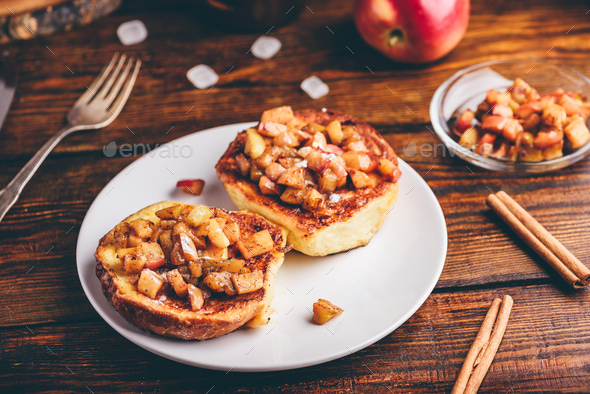 French toasts with apple and cinnamon - Stock Photo - Images