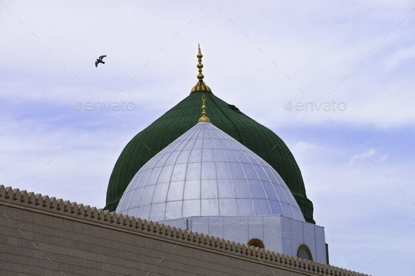 Medina  Saudi Arabia  Green Dome Close up -  Prophet Mohammed Mosque , Al Masjid an Nabawi - Silver - Stock Photo - Images