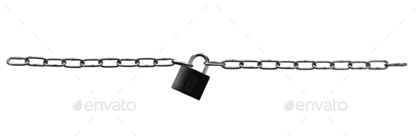 Two chains linked by a padlock isolated on white background - Stock Photo - Images