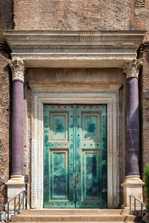  Vintage door with beautiful design in Rome - Stock Photo - Images
