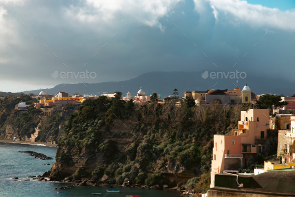 Beautiful fishing village, Marina Corricella on Procida Island, Bay of Naples, Italy. - Stock Photo - Images
