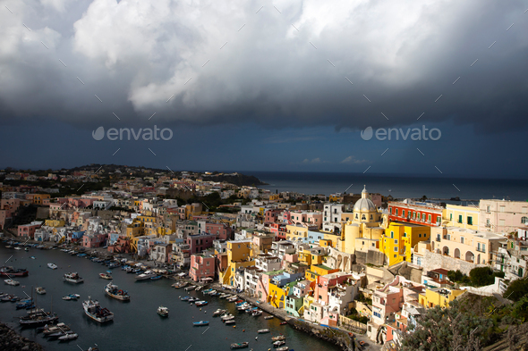 Beautiful fishing village, Marina Corricella on Procida Island, Bay of Naples, Italy. - Stock Photo - Images