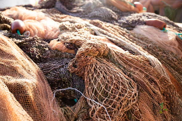 Fishing nets on Marina Corricella on Procida Island, Bay of Naples, Italy. - Stock Photo - Images