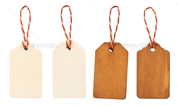 Group of Blank wooden price tag with string isolated on white background - Stock Photo - Images