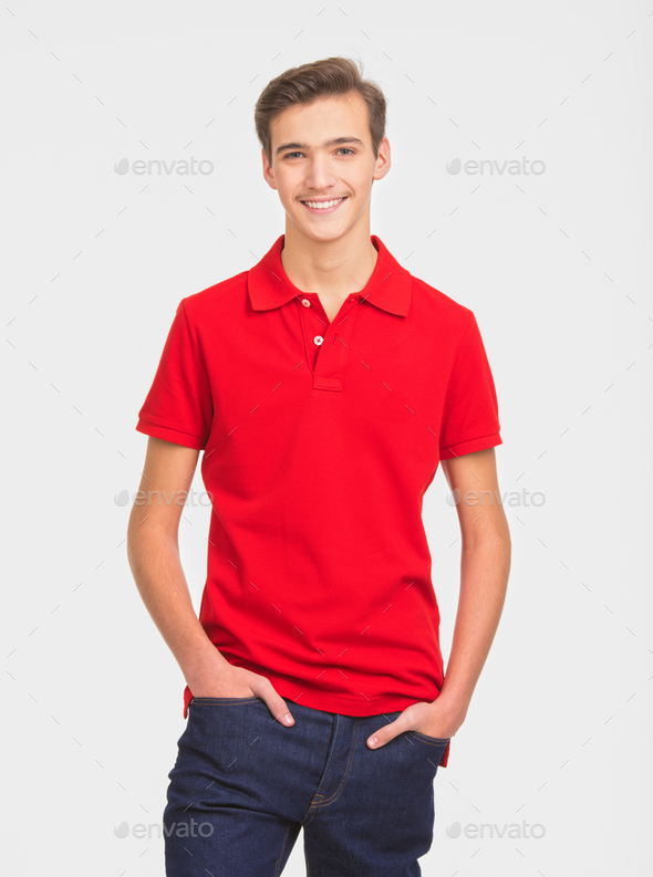 Portrait of the young happy smiling man isolated on a white background. Portrait of smiling guy.  - Stock Photo - Images