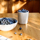Fresh organic blueberries. Juicy ripe bilberry in white bowl on wooden table. - PhotoDune Item for Sale