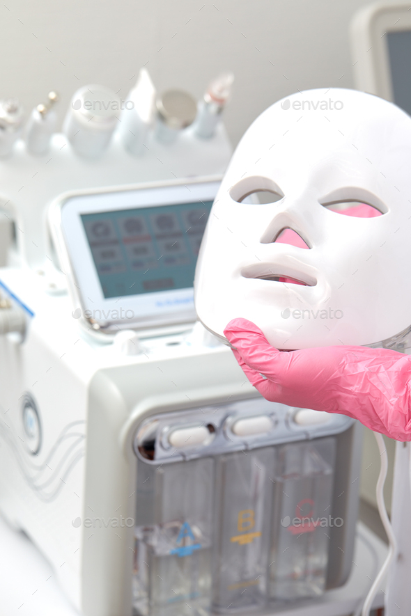 photon mask. Health and beauty. Cosmetic procedure for woman face. Beauty laboratory. LED Facial