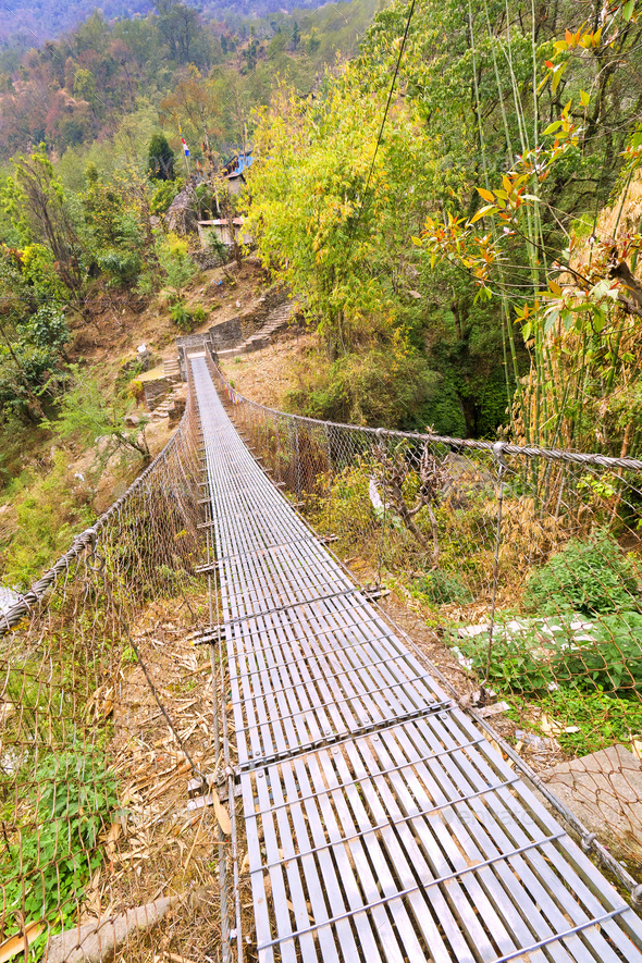 Suspension Footbridge, Annapurna Conservation Area, Nepal - Stock Photo - Images