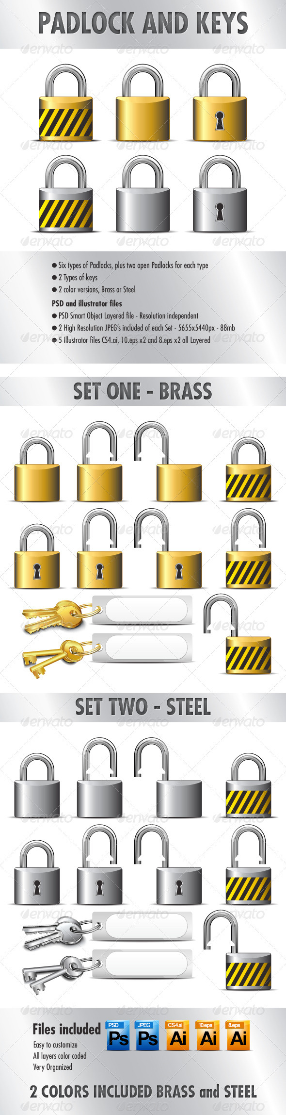 Padlocks and Keys - in Brass and Steel - Web Elements Vectors