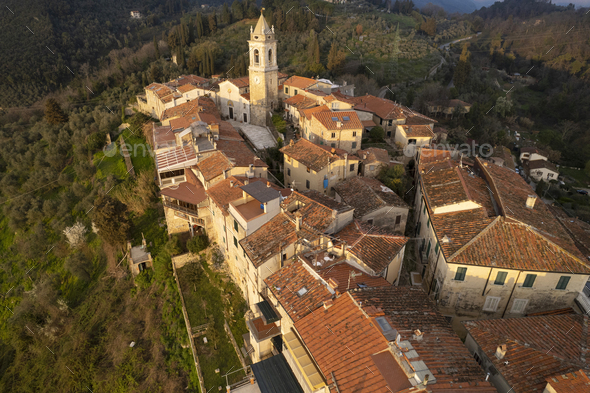 Aerial view of the small village of Monteggiori Versilia - Stock Photo - Images