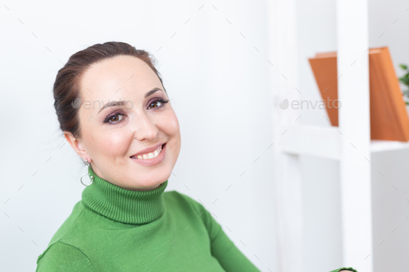 Happy emotions woman relaxing on chair at home in sitting room copy space and empty place for text - - Stock Photo - Images