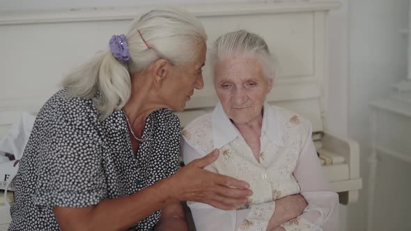 Two Cute Senior Women Speaking Between Themselves in Light Room alt