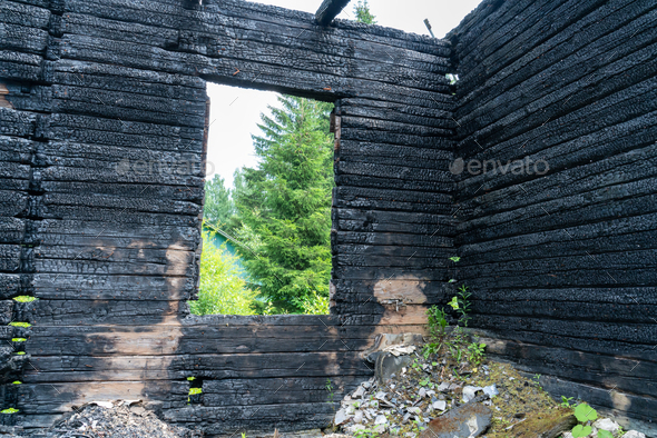 burnt wooden house in the countryside - Stock Photo - Images