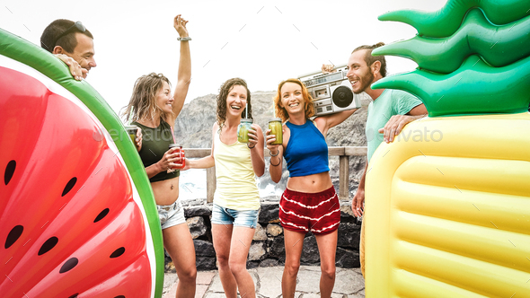 Hippie friends travelers having fun at nature place on travel location - Stock Photo - Images