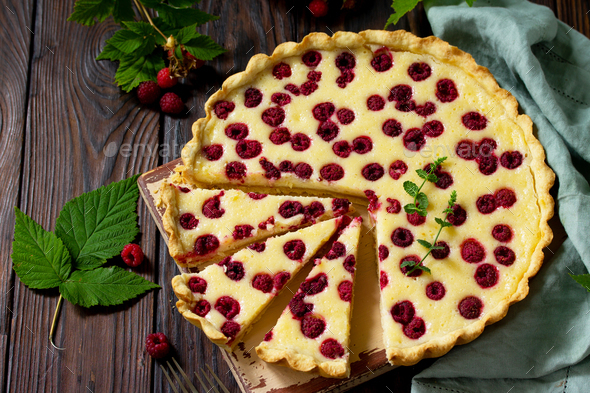 Berry pie summer. Sweet pie, tart with fresh berry raspberries. Delicious cake with raspberries. - Stock Photo - Images