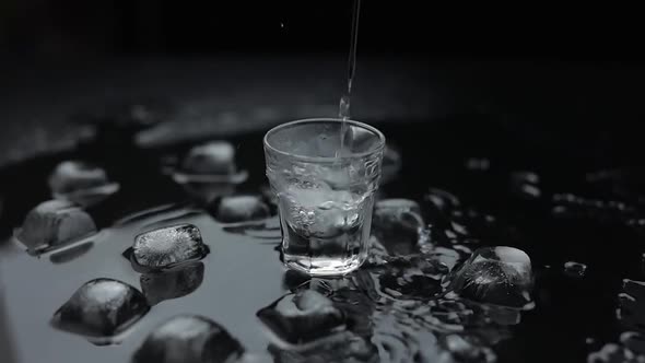 Pouring Up Shot of Vodka Into Glass. Black Background. Pour of Alcohol Drink alt