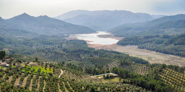 Olive trees plantations and Tranco reservoir from Hornos de Segura village, Spain - Stock Photo - Images