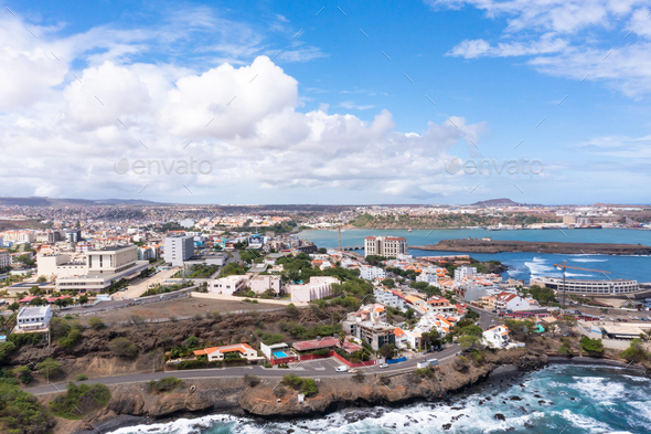 Aerial view of Praia city in Santiago - Capital of Cape Verde Islands - Cabo Verde - Stock Photo - Images