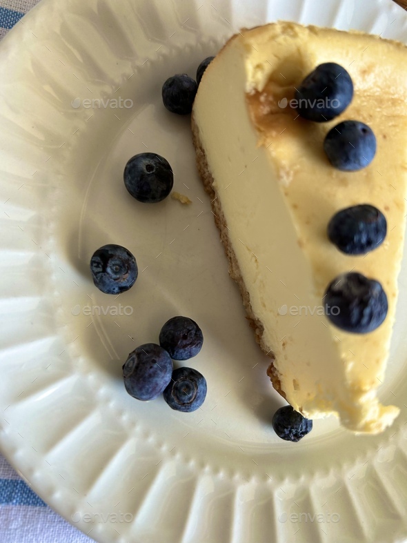 Top view of blueberry cheesecake on plate  - Stock Photo - Images