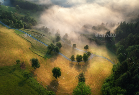 Aerial view of trees, alpine meadows and mountains in low clouds - Stock Photo - Images