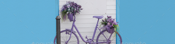 Universal banner 4x1 for websites, social networks Decoration bicycle and flowers in lavender style