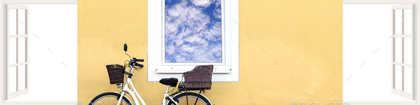 Universal banner 4x1 for websites, social networks, Bicycle wicker baskets by window, reflection sky