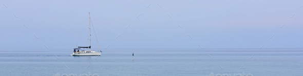 Universal banner 4x1 for websites, social network, typography boat on quiet surface sea at sunset