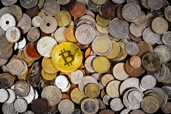 Various global currency coin's and Bitcoin as currency hedge - Stock Photo - Images