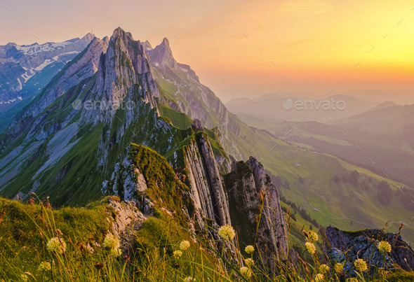 Schaeffler mountain ridge swiss Alpstein, Appenzell Switzerland, a ridge of the majestic Schaeffler - Stock Photo - Images
