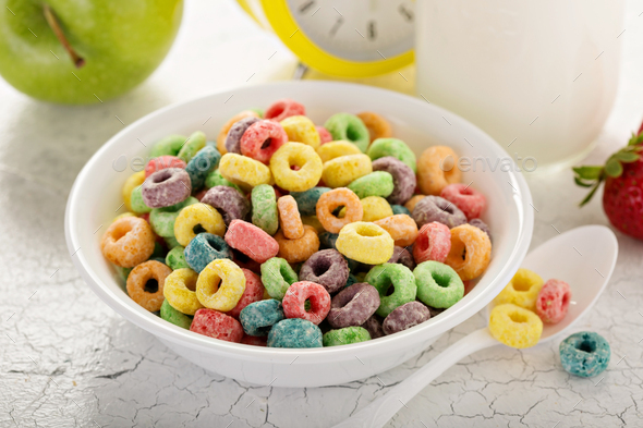 Fruit colorful sweet cereals in a bowl