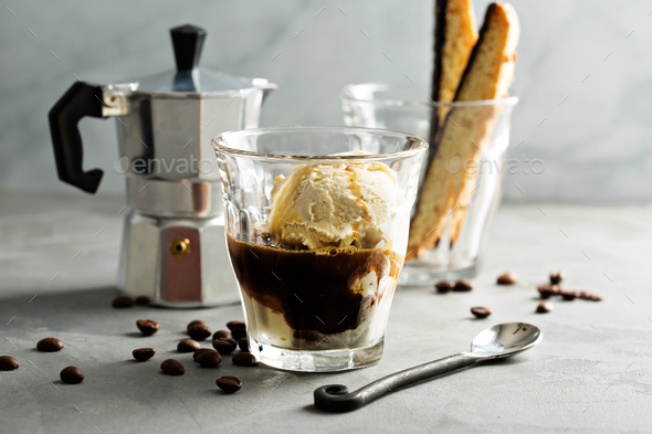 Affogato coffee with ice cream on a glass cup Grey slate background Food  Images