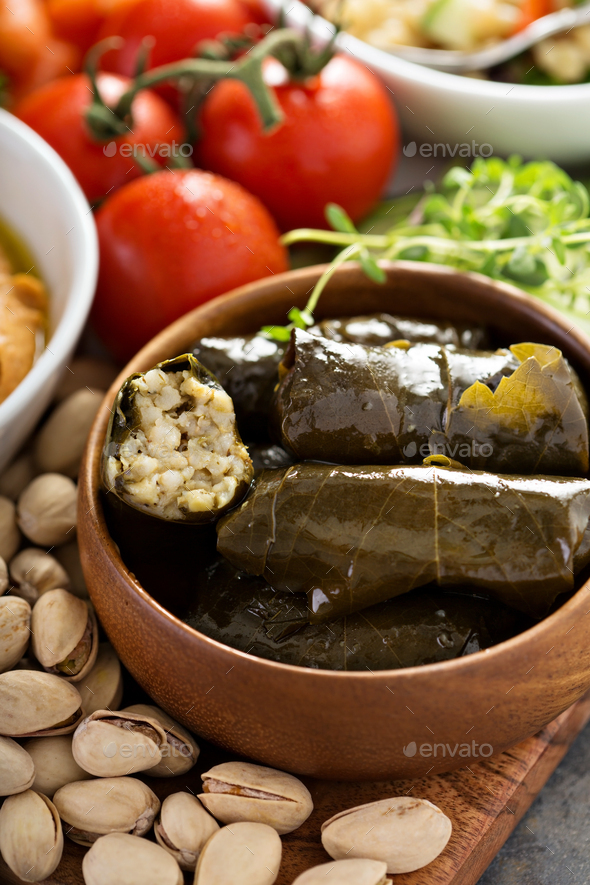 Dolmades, Stuffed Grape Leaves with rice Stock Photo by fahrwasser