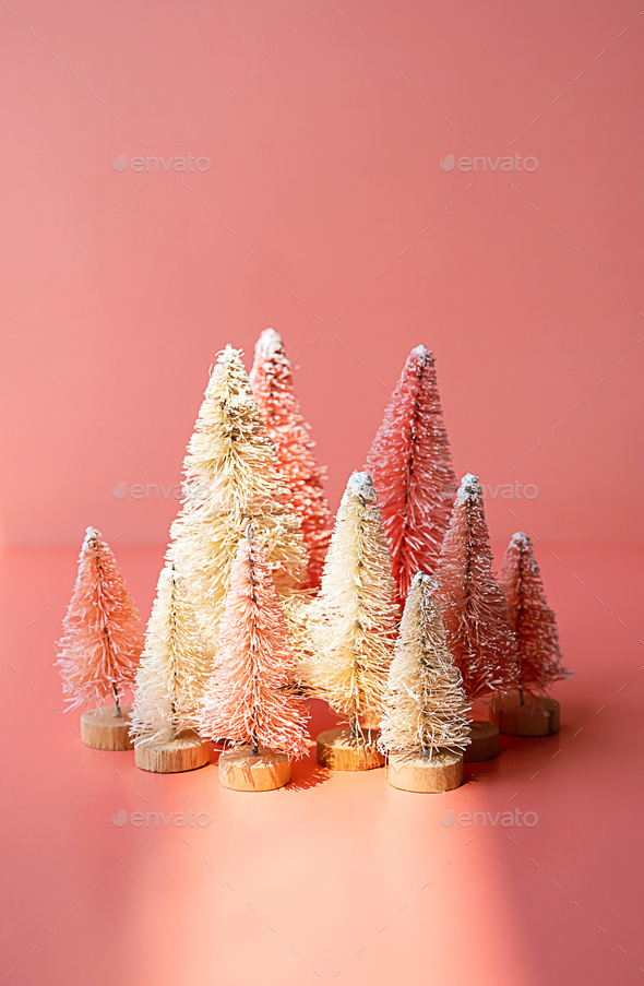 Bottle brush trees composition for winter holidays. Miniature artificial Christmas trees collection. - Stock Photo - Images