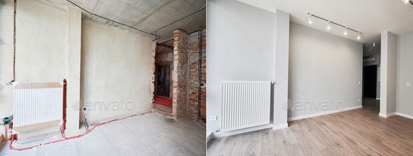 Apartment room with heating radiator before and after renovation.