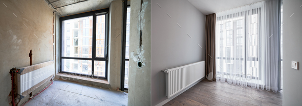 Apartment with large windows before and after renovation.