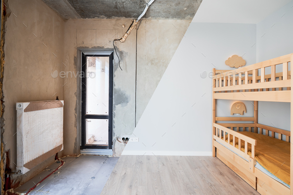 Children room with bunk bed before and after renovation.