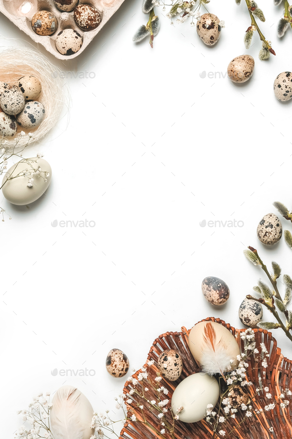Happy easter flat lay composition with eco friendly easter eggs decor on white background. Layout de - Stock Photo - Images