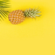 Pineapples and tropical palm leaves on yellow background. Top view, mockup, template, overhead - PhotoDune Item for Sale