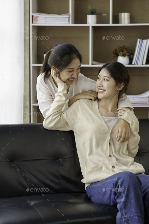 Asian Lesbian Couple Lgbtq Happy Two Young Asia Women Showing Love