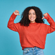 Young happy latin woman pointing at herself isolated on blue background. - PhotoDune Item for Sale