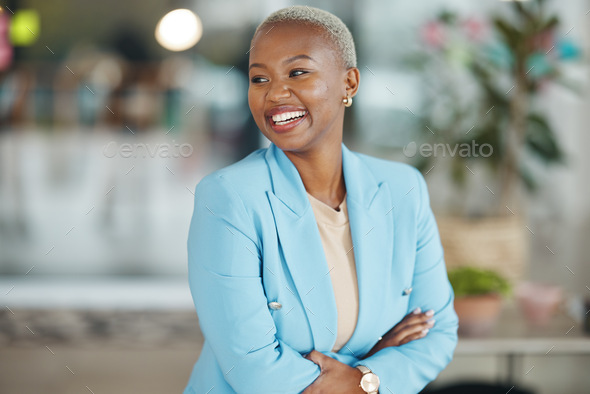 Office, business leader or happy black woman, HR manager or employee smile for startup company grow