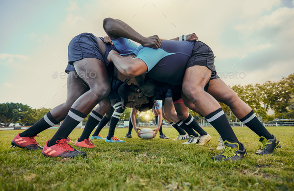 Rugby fitness, scrum or men training in stadium on grass field in match, practice or sports game. T